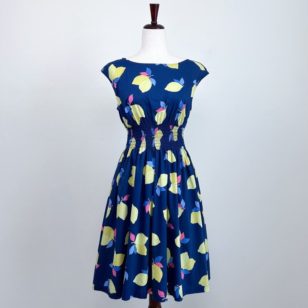 Kate Spade Lemon Zest Navy Smocked Waist Cap Sleeve Knee Length Dress SIZE 6